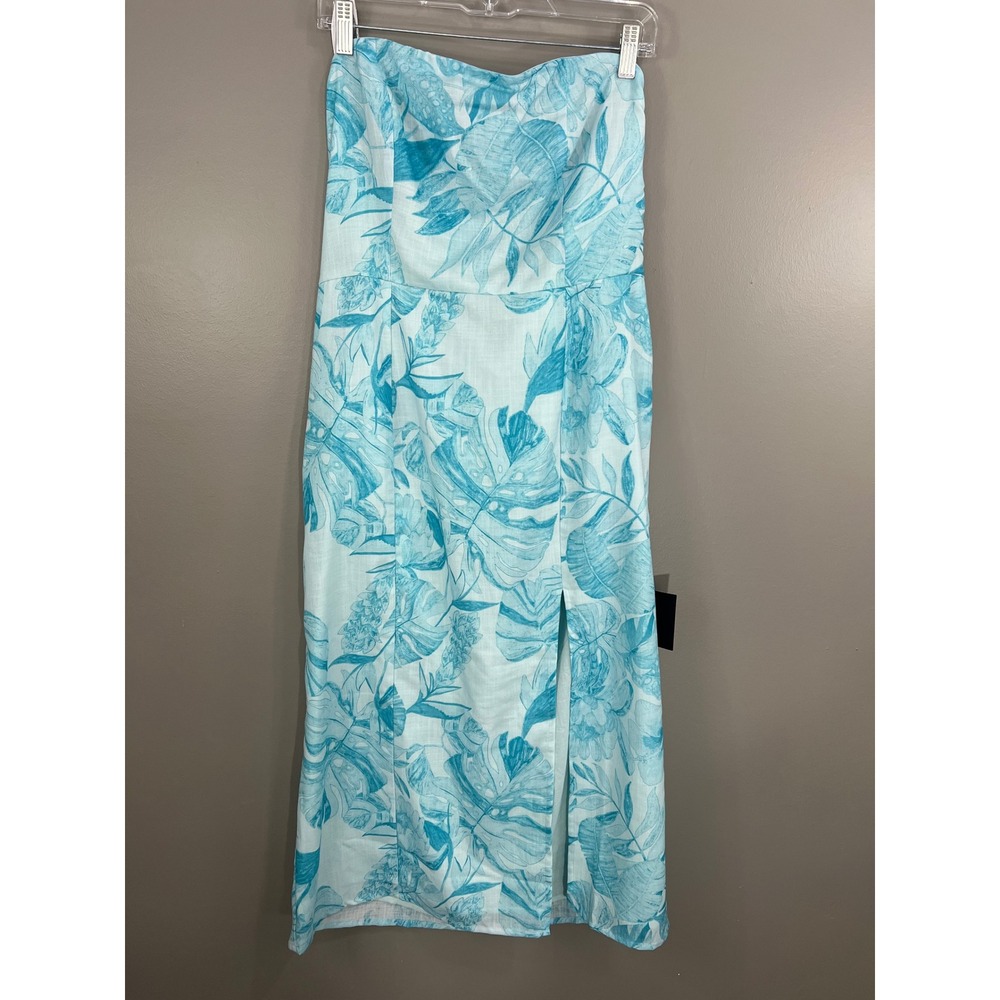 Lulus Strapless Midi Dress Womens XL Blue Tropical Floral Smocked Slit NWT